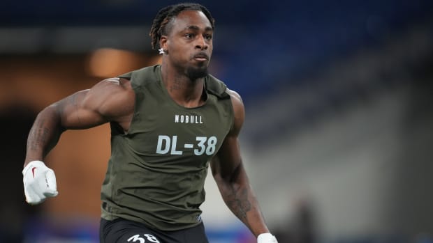 Mar 2, 2023; Indianapolis, IN, USA; Iowa State defensive lineman Will Mcdonald IV (DL38) participates in drills during the NFL combine at Lucas Oil Stadium.